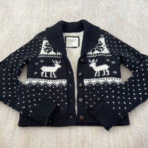 Abercrombie & Fitch Snowflake Fair Isle Faux Fur Cardigan Blue Wool Sweater L ❄️